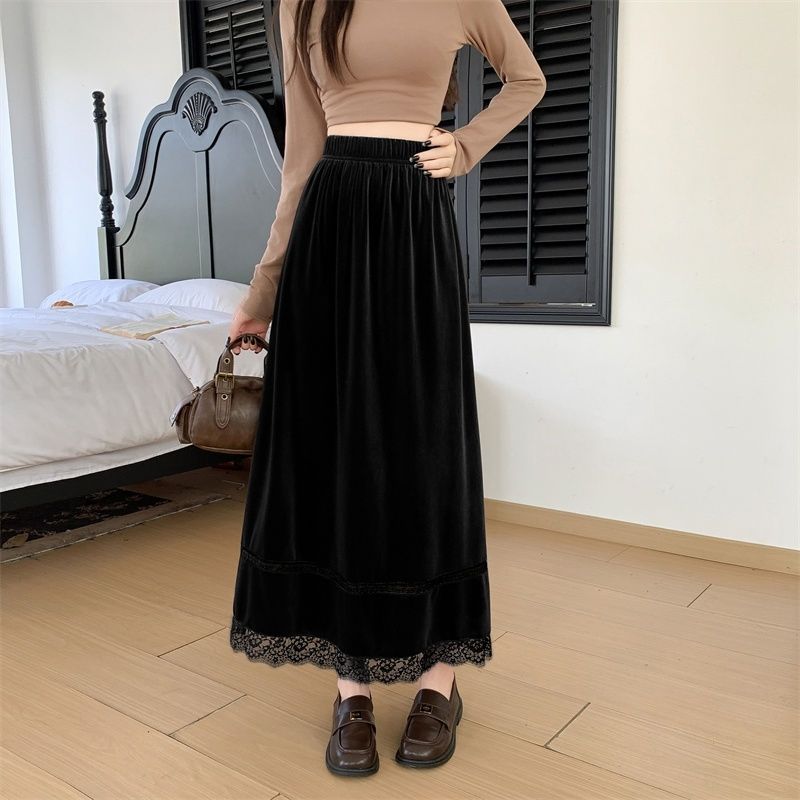 Юбка из золотого бархата с кружевной вставкой, средней длины, винтажная, элегантная, осенне-зимняя, винтажная длинная юбка, универсальная, юбка средней длины