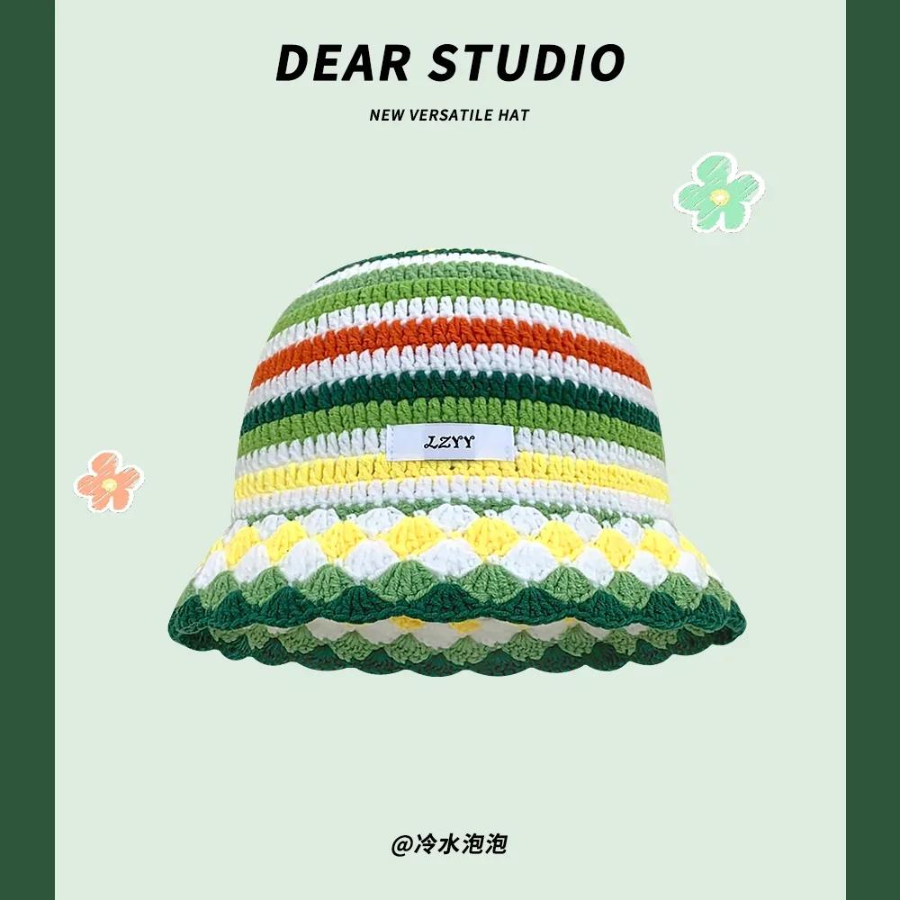 Fashion Dopamine Color Matching Striped Knitted Women's Cap Autumn and Winter Warm Casual Versatile Show Face Small Bucket Hat