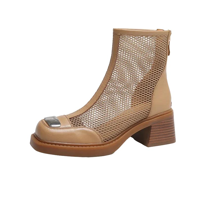 Крутые ботинки Сетчатые полые короткие ботинки Весна/лето 2025 Женские повседневные и модные туфли на высоком каблуке Знаменитые в интернете ботинки