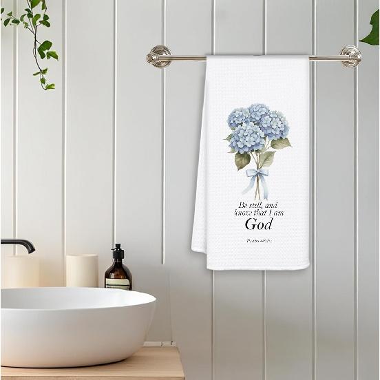 Hydrangea Christian Hand Towels for Bathroom, Blue and White Floral Kitchen Towels, Blue Hydrangea Dish Tea Towels for Kitchen, Christian Gift, 16x24