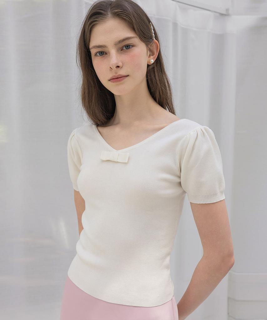 LAUTREDE MIN Twoway Ribbon Puff Ivory Knit Top