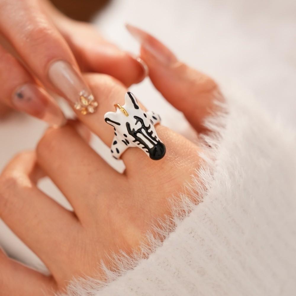 Vintage Cartoon Glaze Ring Delicate Opening Finger Ring Jewelry Animal Horse Ring Set Girls