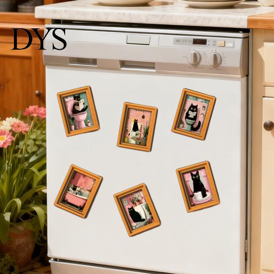 Small Picture Frames for Fridge Funny Wooden Magnets Frame, Retro Cute Cat Pattern Magnetic Refrigerator Photo Metal Cabinets Locker Magnet