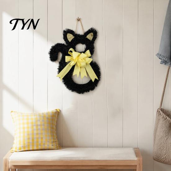 Elegant Mystery Pendant Halloween Cat Wreath, Cute Black Shape Door Hanging Ornament, Glitter Tinsel Horror Style Garland Wreath with Bow for Mantel,
