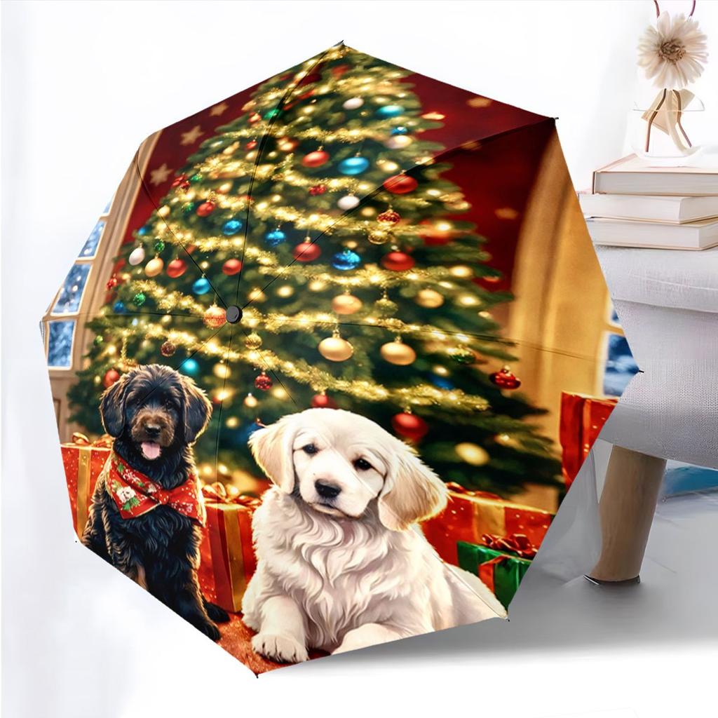 Open/Close Portable Folding Umbrella with Cute Labrador Retriever & Christmas Tree Design (Black/White Dogs, Red Scarf) - Comp