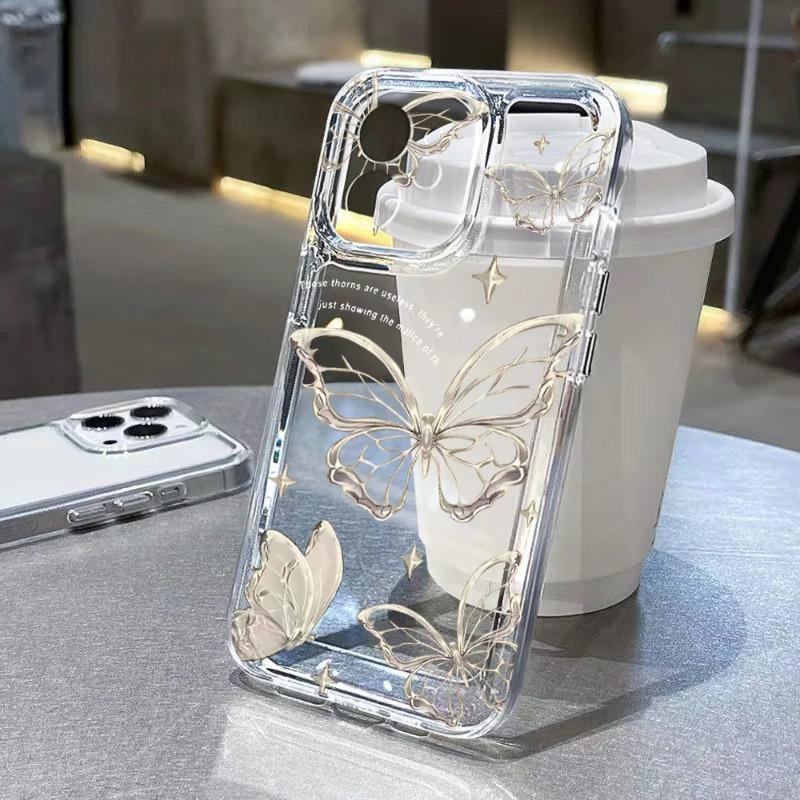 Золотой чехол-бабочка для iPhone 17 16 15 11 13 12 14 Pro Max 16e Air 7 8 Plus XR Мягкий прозрачный чехол из ТПУ