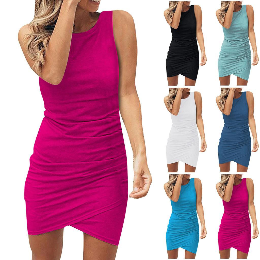 Women‘’s Mini Dress Elegant Solid Color Sleeveless Round Neck Slim Waist Ruched Pullover Pencil Summer Dresses
