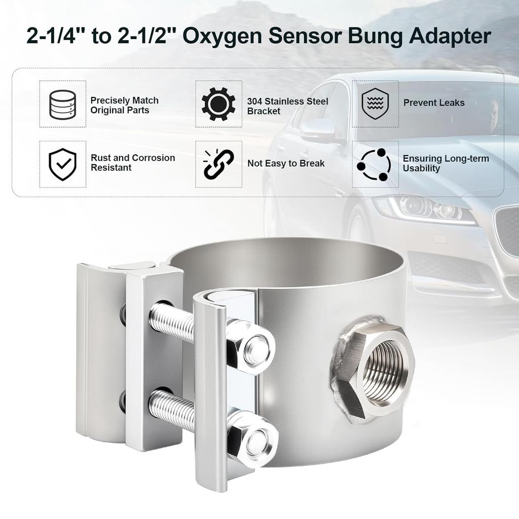 Car Oxygen Sensor Adapter Fit For 2-1/4"-2-1/2" Oxygen Sensor Pipe For Automotive Oxygen Sensors, No Weld Design Clamp On O2 Sensor Bung, Clamp-On
