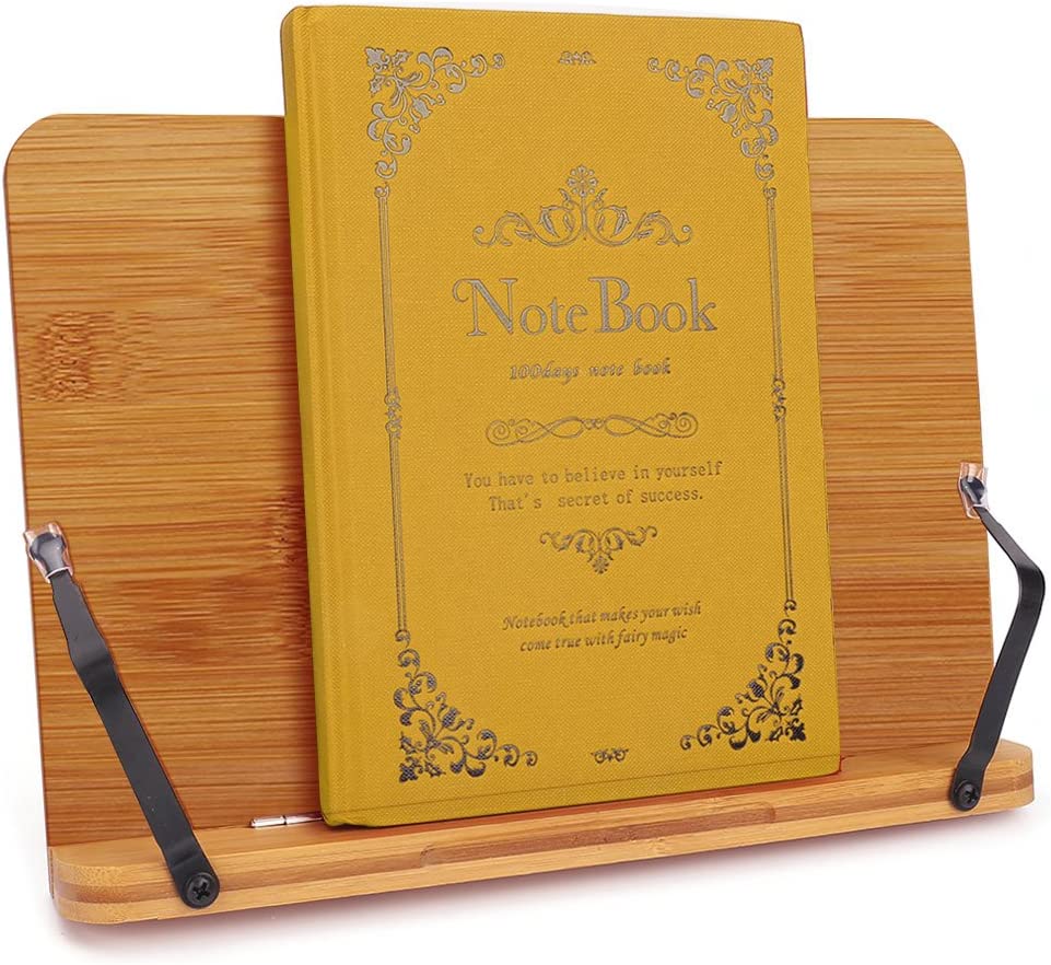 Adjustable Bamboo Book Stand Paper Clip Tray Portable Sturdy Lightweight Bookholder for Cookbook Reading Storage Holders Racks