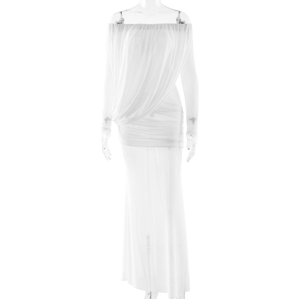 European and American hot-selling pendant mesh yarn one-word shoulder Spice Girl perspective pleated long dress sexy slim temperament dress dress