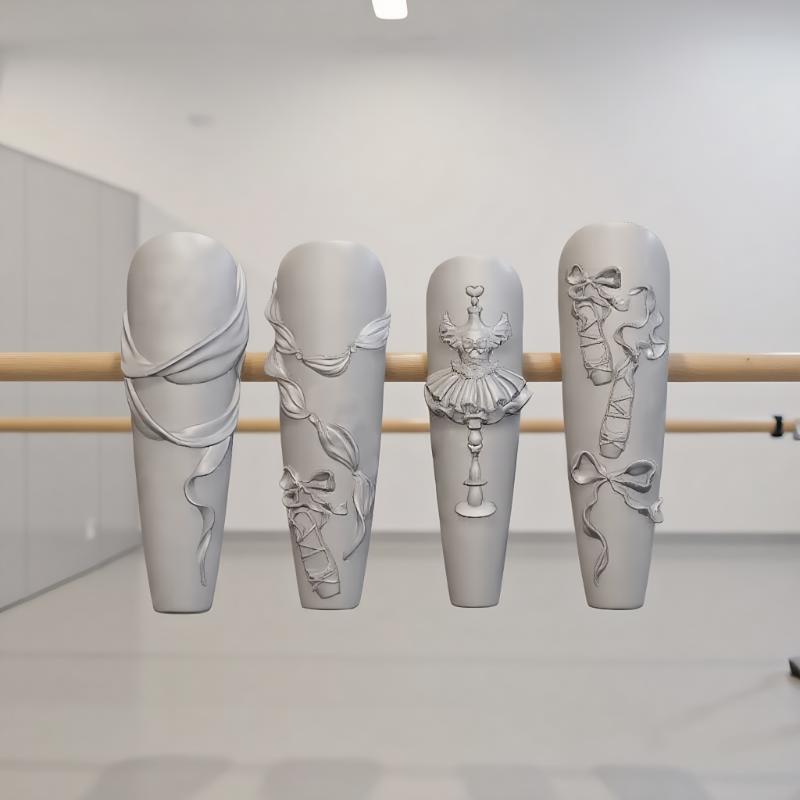 DIY Декор для Ногтей - 3D Силиконовая Форма с Полупрозрачным Трафаретом для Вырезания, Дизайн с Ленточкой, Бантом и Балетными Туфельками