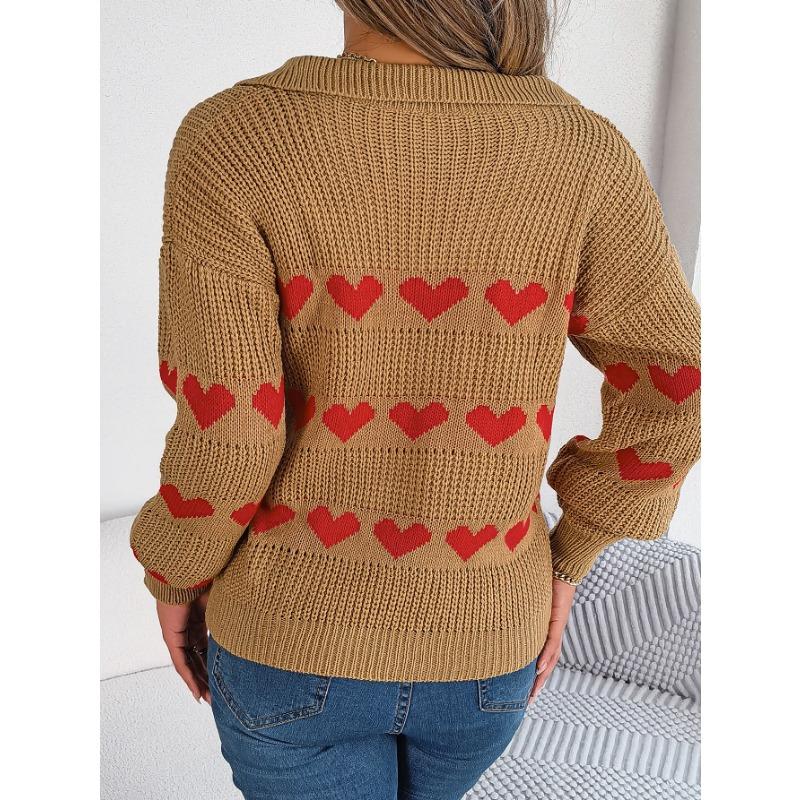 Women's Autumn and Winter Casual Lantern Sleeve Color Collision Heart Pullover Sweater