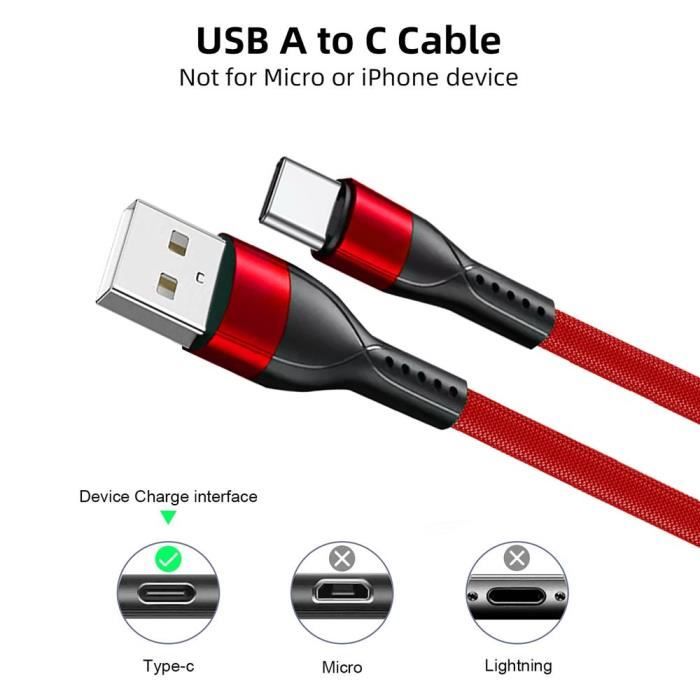 2 Câbles USB-C 1M Charge Rapide 3A pour Xiaomi Redmi 14C 13C, Redmi Note 13/14, Redmi Note 13 Pro 4G-5G, Note 13 Pro+ - Nylon Rouge