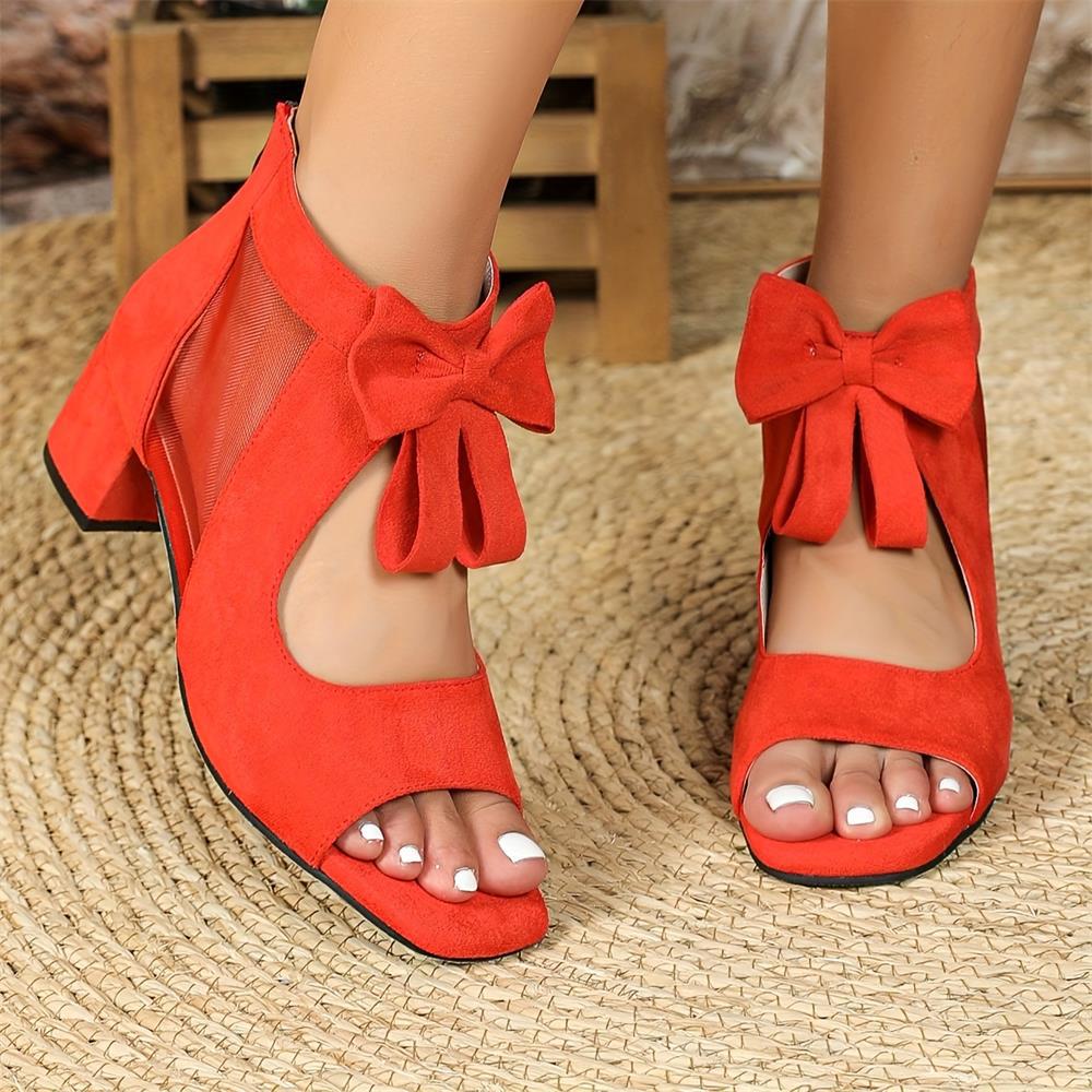 Fashion Sandals Women Peep Toe Bowknot Chunky Heeled Sandals Summer Ladies Elegant Butterfly Knot Sandals Back Zipper Fish Mouth Shoes