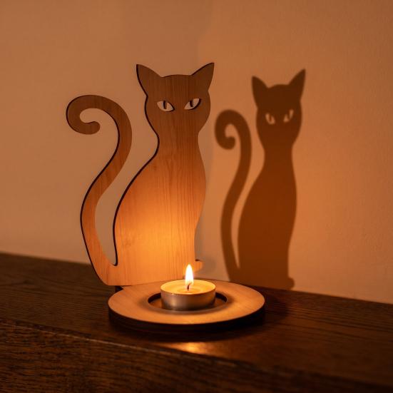 Halloween Candle Holder Wooden Holder, Silhouette Ghost/Bat/Scarecrow/Bat Bat Shadow Casting Tealight for Home Table Fireplace Decor Black Cat Base