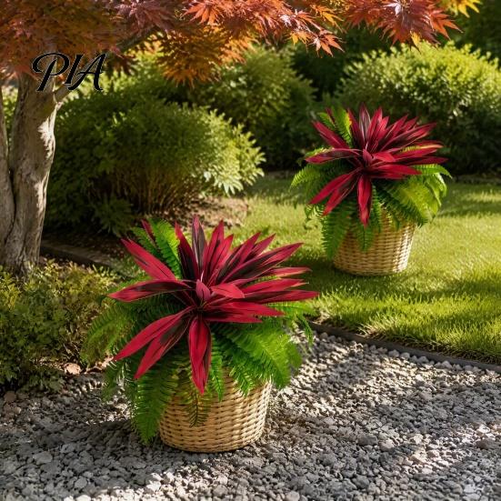 Lifelike Greenery for Tombstone UV-Resistant Artificial Fern And Red Dracaena Decorative Plants, Faux Full Lush Outdoor UV Resistant Plant Ferns