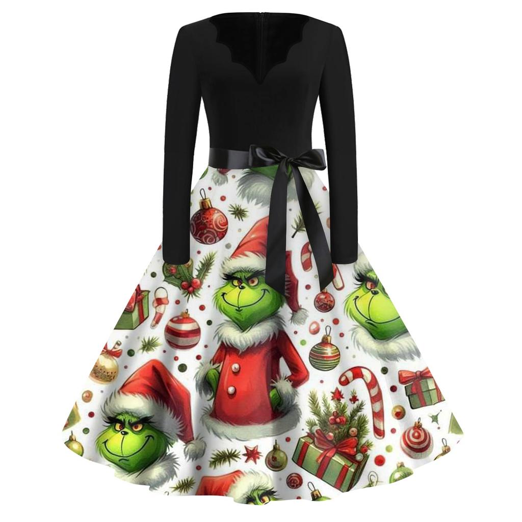 Women's Fashion V-neck Casual Slim-fit Christmas Print Long-sleeved Dress