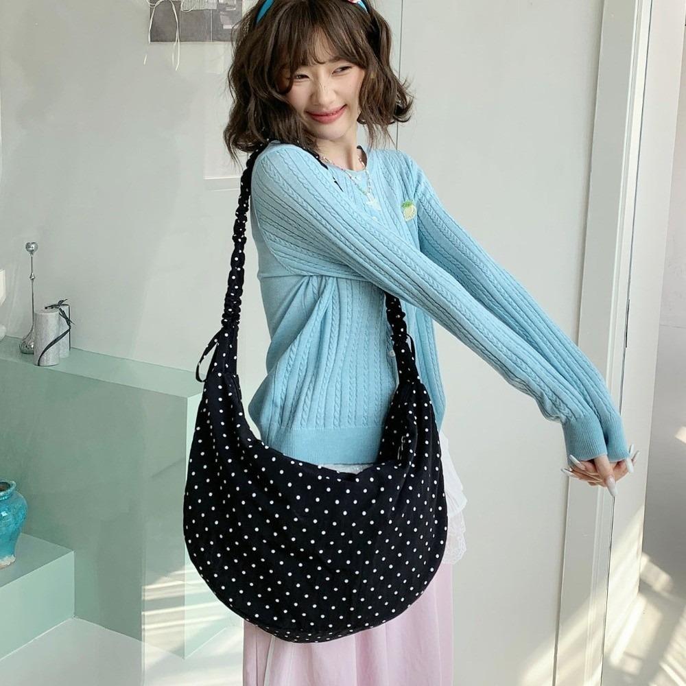 Adjustable Polka Dot Nylon Crossbody Bag Drawstring Lightweight Pleated Shoulder Bag Prined Large Capacity Canvas Dumpling Bag