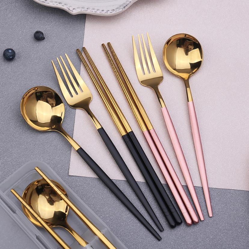 3 Pcs Spoon Fork Chopsticks Set With Storage Box Stainless Steel Coffee Snacks Fruit Dessert Fork Spoon Kitchen Teaspoon Set