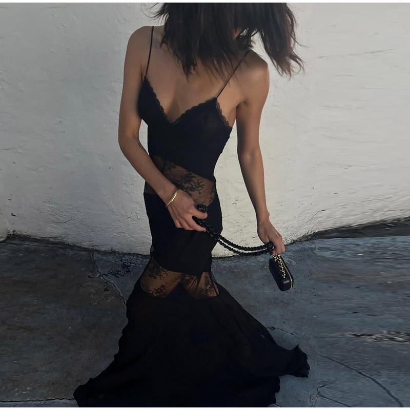 Кружевное прозрачное платье макси на бретелях, женское сексуальное облегающее черное платье без рукавов с открытой спиной, длинное женское платье 2025 года для летней вечеринки