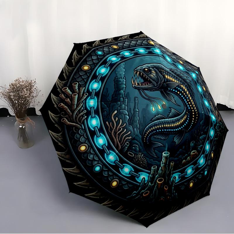 Underwater Serpent Emblem pattern umbrella, portable and foldable design, 8 ribs, a casual accessory for Halloween, Christmas, and birthday gifts.