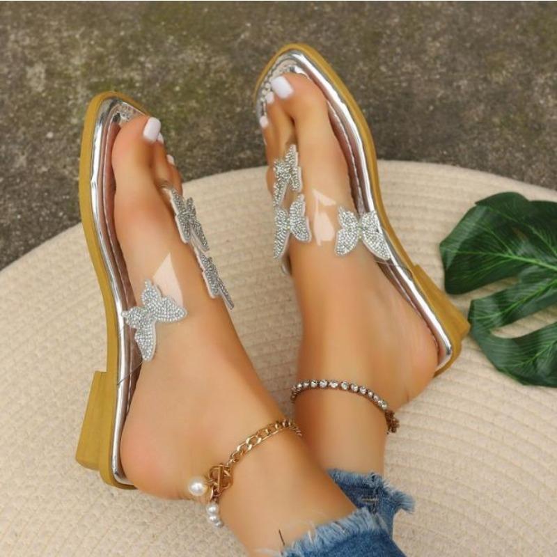 Large Size Flat Slippers Summer New Square Head Transparent Rhinestone Butterfly Sandals Light Slippers