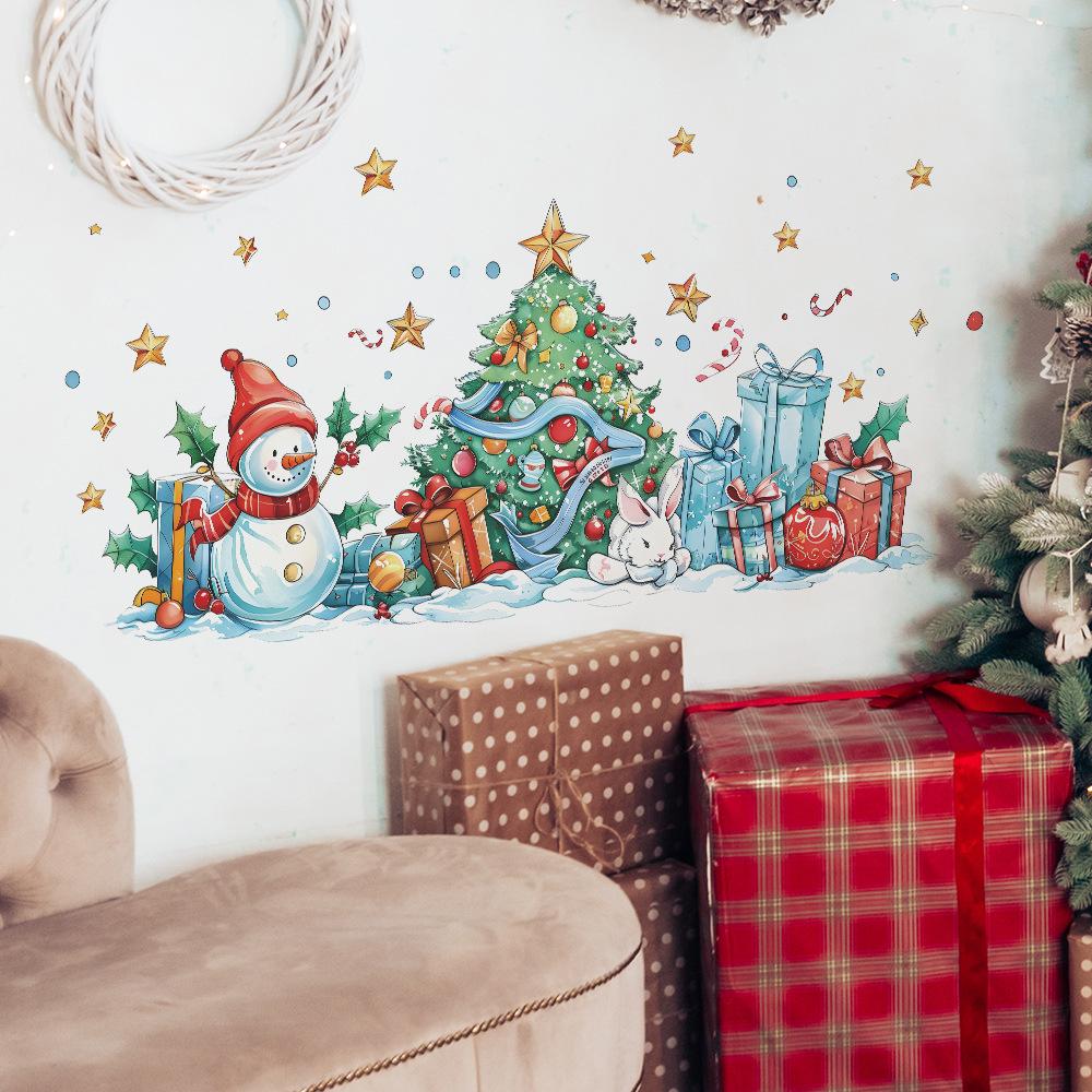 Рождественские украшения Снеговик Рождественская елка Подарочная коробка Спальня Гостиная Кабинет Фон Ландшафтный дизайн Наклейки на стену