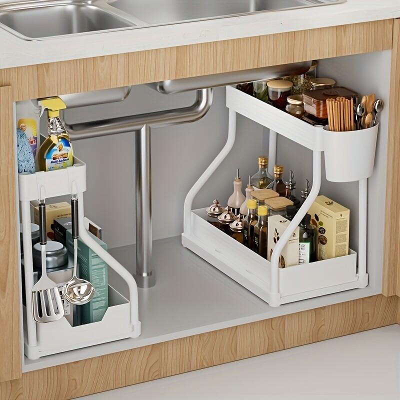 2-Tier L-Shaped Under Sink Organizers (2 Sets), Ideal for Bathroom & Kitchen! With Sliding Drawer & Pull Out Shelves To Maximize
