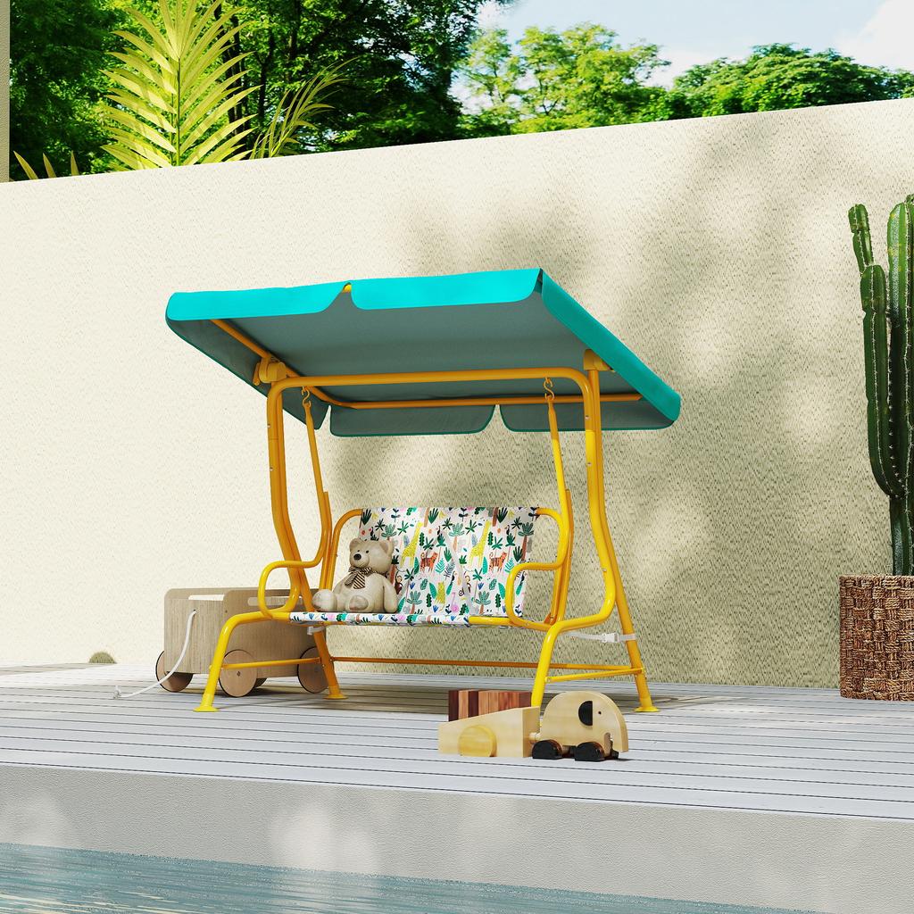 2-Seater Kids Hollywood Swing with Adjustable Canopy, Safety Belt for 3-6 Years up to 60 kg 112x75x120cm Green
