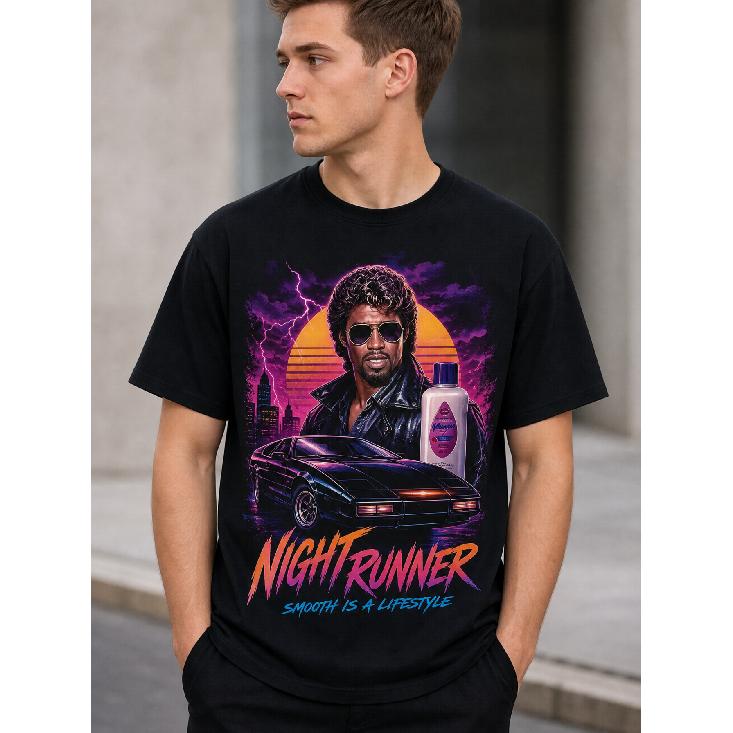 Men's Retro 80s Night Runner Graphic Tee Short Sleeve Crew Neck Soft Cotton Blend Streetwear for Casual Daily Wear with Neon City Car Design