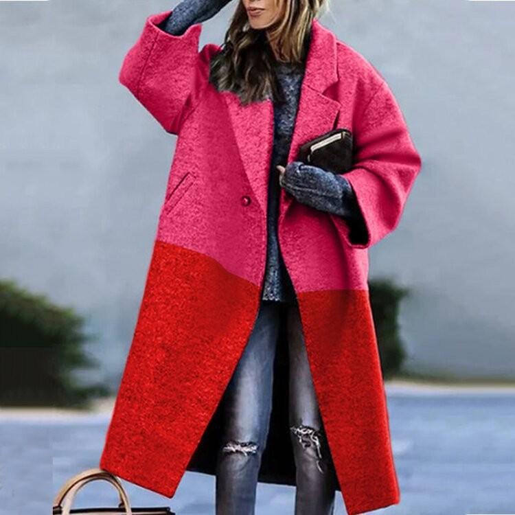 Europe And The United States Fall Women's Long-sleeved Lapel Coat Printed Tweed Long Coat
