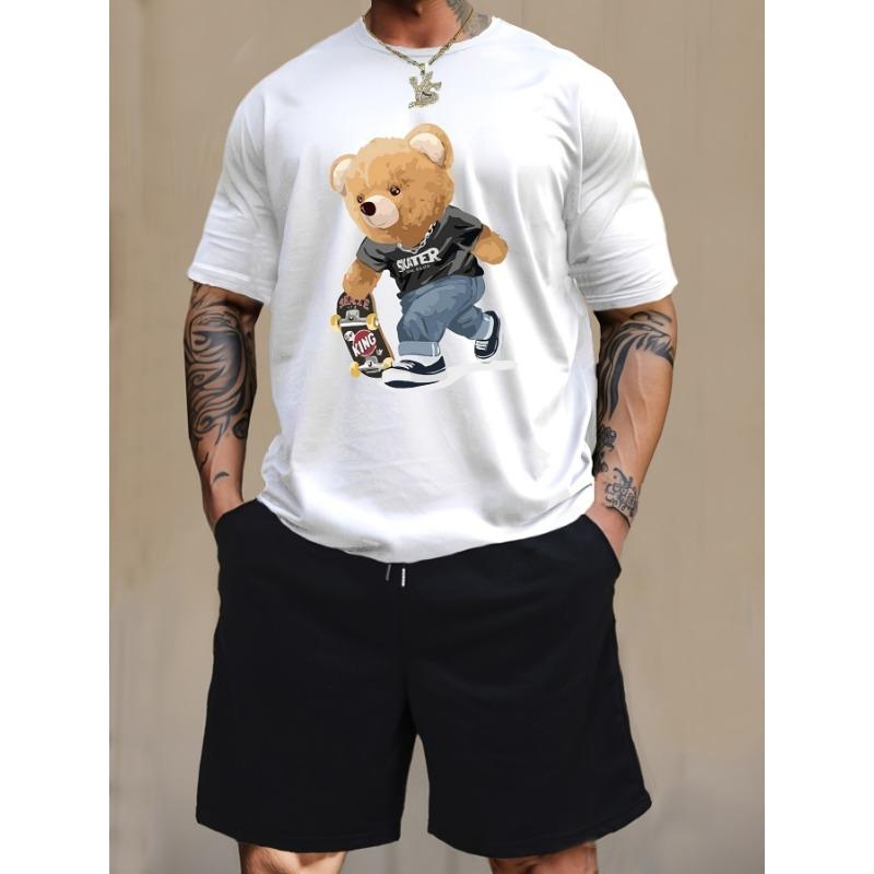 3D Cartoon Teddy Bear Print Men's T-shirt Shorts Set, Summer Casual Everyday Men's Short-sleeved Outdoor Street Men's Shorts