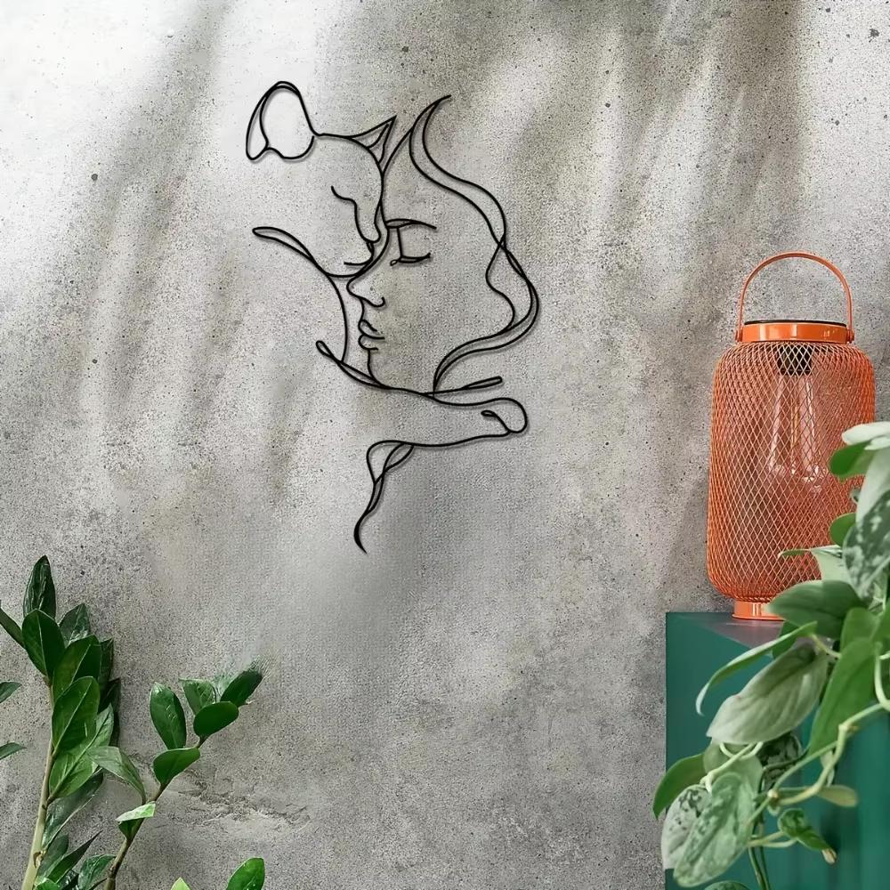 Sleek Black Cat & Woman Metal Art: Minimalist Design for Chic Spaces.Black Cat and Woman for Modern Décor Lovers.
