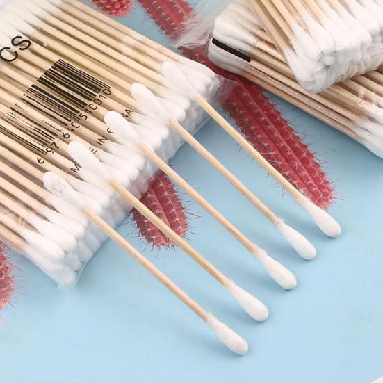 100Pcs Disposable Double Sided Wood Stick Cotton Swab Makeup Cleaning Applicator