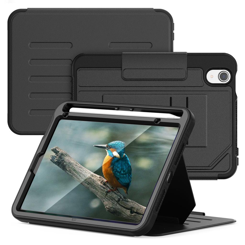 Full Protection iPad Mini 6/7 A17 Pro Folio Leather Case with Card Slot Pencil Slot & Multi-Angle Stand Flip Cover