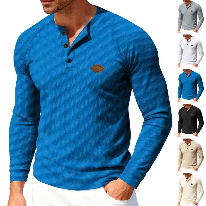Men's American Casual Waffle Knit Henley T Shirt, Long Sleeve Raglan Button Quick Dry Thin Top for Spring Autumn