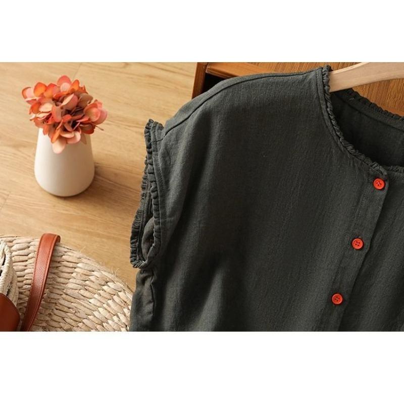 Women Solid Color Ruffle Linen Cotton Shirt Casual Cap Sleeve Breathable Summer Blouse