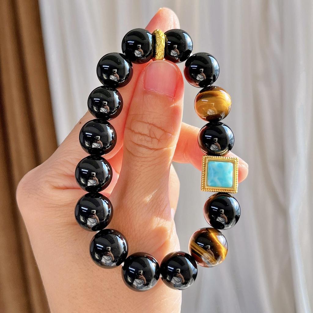 Ветер 12 мм Крупнозернистый Натуральный Камень Тигровый Глаз Черный Агат Премиальный Браслет Браслет