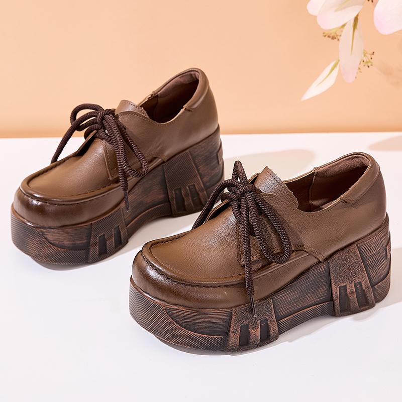 Модные туфли-лодочки из натуральной кожи GKTINOO 2025 Весна Новинка Женская обувь на толстой подошве Ретро Удобные туфли-клинья на платформе с круглым носком