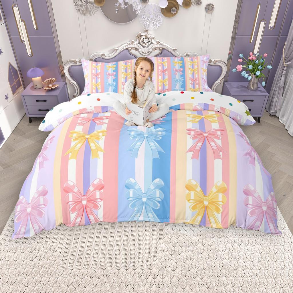 Комплект пододеяльника в стиле принцессы Homewish, Розовый комплект постельного белья с лентами и бантами, Комплект пододеяльника с бантами для девочек