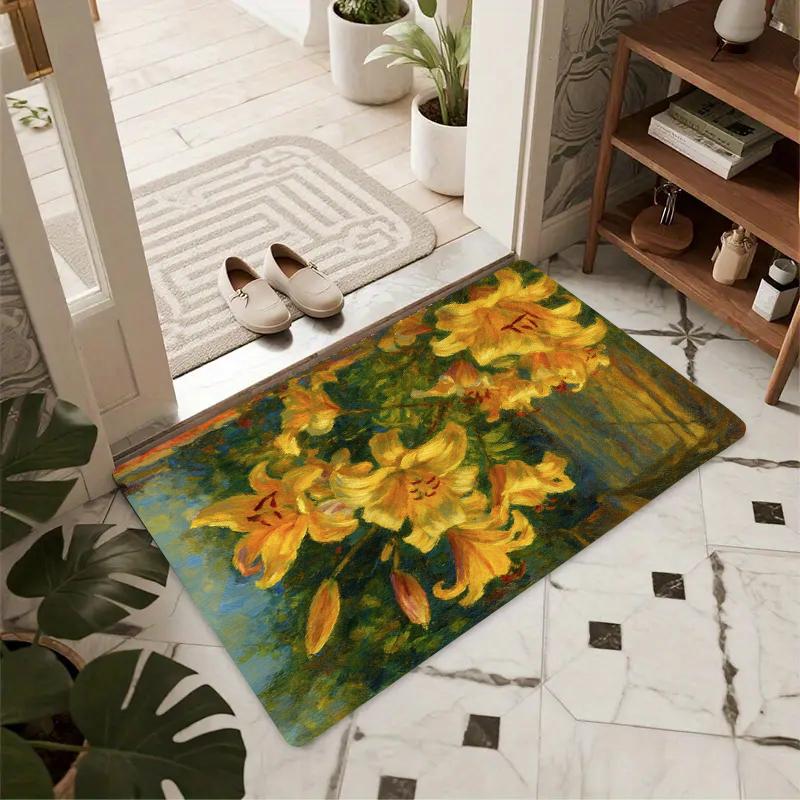 Oil Painting Yellow Lily Floral Doormat Non Slip Wear Resistant Front Door Entry Rug Vintage Art Indoor Home Mat