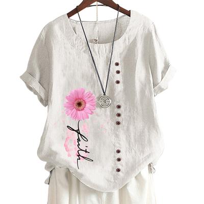 Женский хлопковый повседневный топ с цветочным принтом, 6 узорами, круглым вырезом, короткими рукавами, украшениями на пуговицах