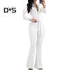 Women Fall Spring Jumpsuit Lapel Half Single-breasted Solid Color Long Sleeve Slim Fit Flared Cuff Low-cut Belted High Waist Elastic Lady Long
