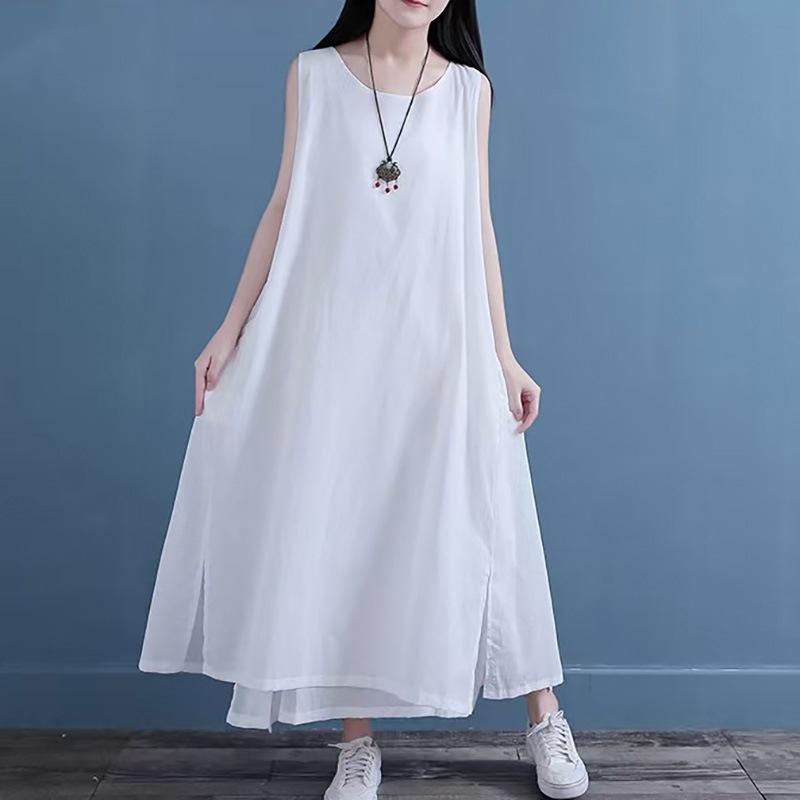 Хлопково-льняной жилет-юбка 2025 лето новый фанат однотонное двухслойное платье большой размер свободный темперамент длинная юбка