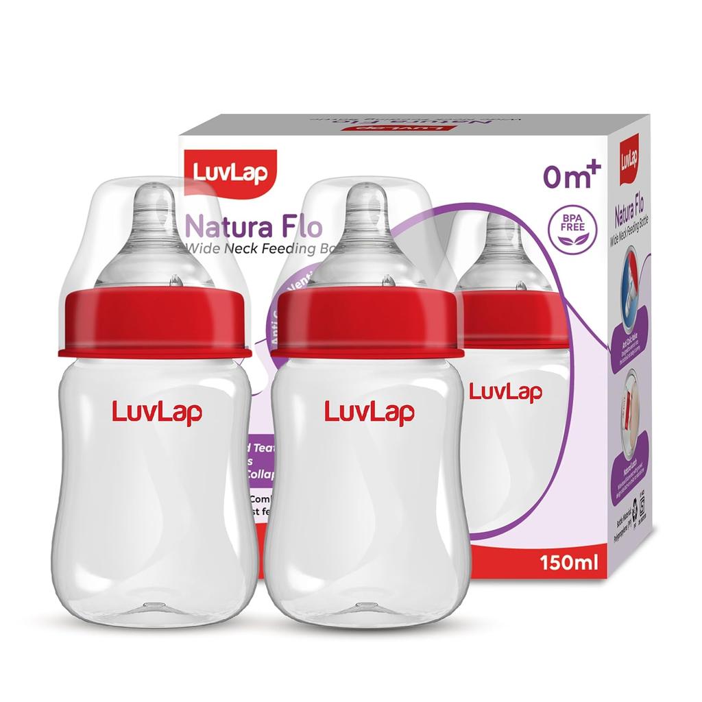 Пластиковая бутылочка для кормления LuvLap Natura Flo с широким горлышком против колик 150 мл (Упаковка из 2 шт.) Без БФА Новорожденный Младенец Малыш