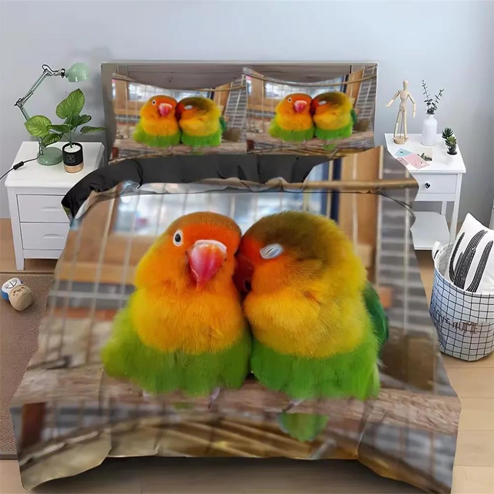 Комплект постельного белья Parrot King Queen с милыми птицами и разноцветными перьями, пододеяльник с тропическими цветами, полиэстеровое одеяло