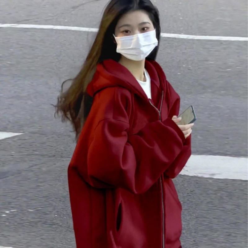 Sweatshirt Women's Sprin Autumn Hooded Thin Jacket with Thick Velvet Korean Style Trendy Student Loose Top Cardigan