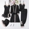 Women's Silk Five-Piece Pajama Set: Spring/Autumn Nightdress & Robe with Chest Pad