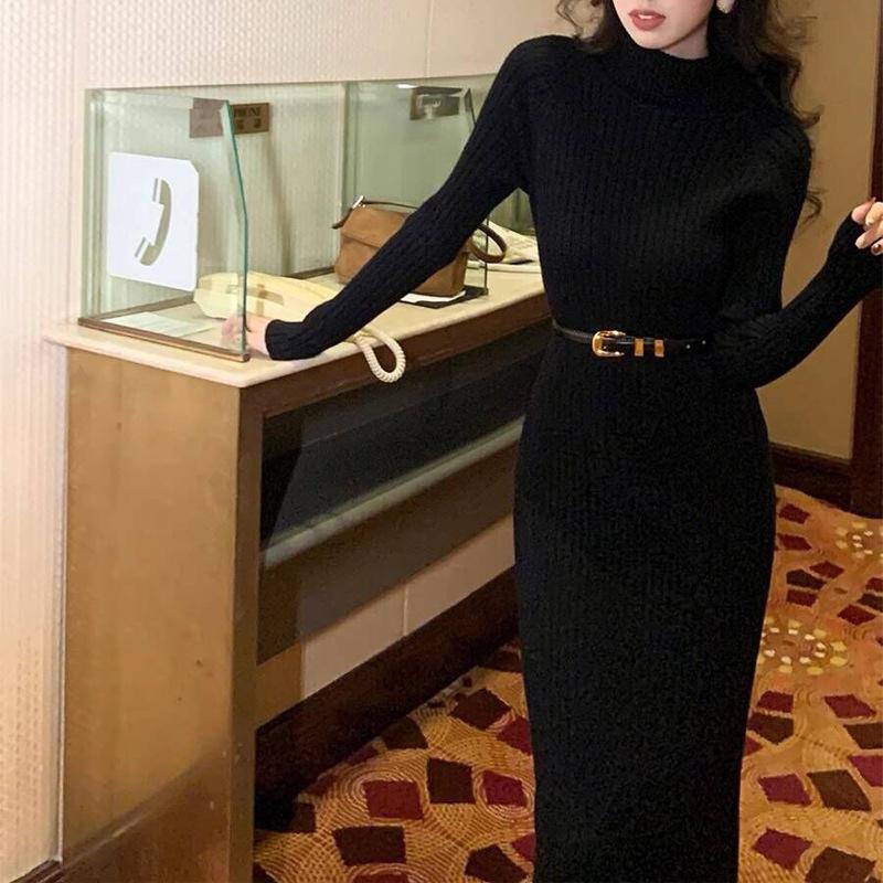 Внутреннее трикотажное платье с высоким воротом и темпераментом в качестве базовой юбки для женщин на осень и зиму, облегающая и утягивающая юбка-свитер