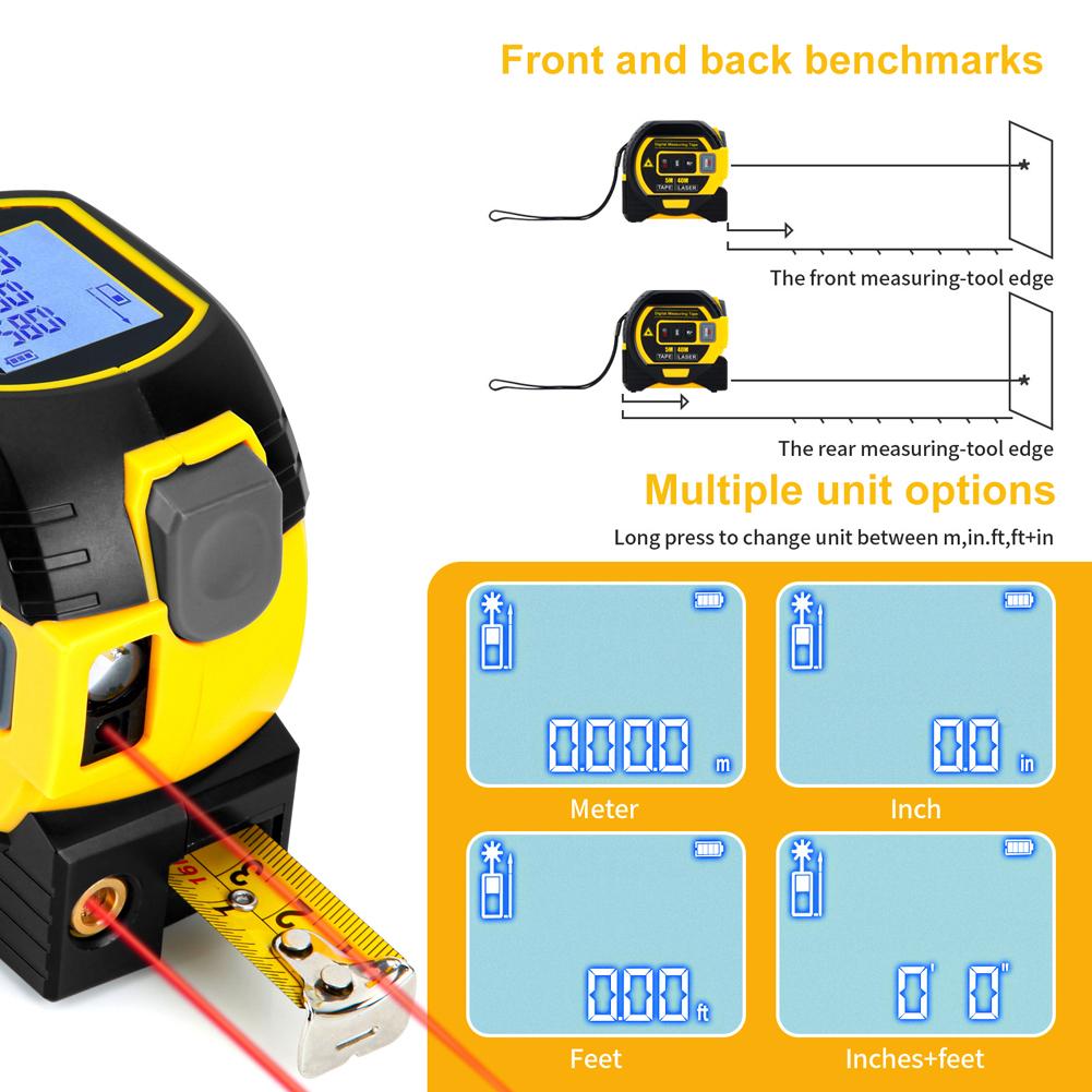Высокоточная рулетка со светодиодным дисплеем, инфракрасный дальномер, трехфункциональный прибор (рулетка, дальномер, лазерный уровень) для строительства